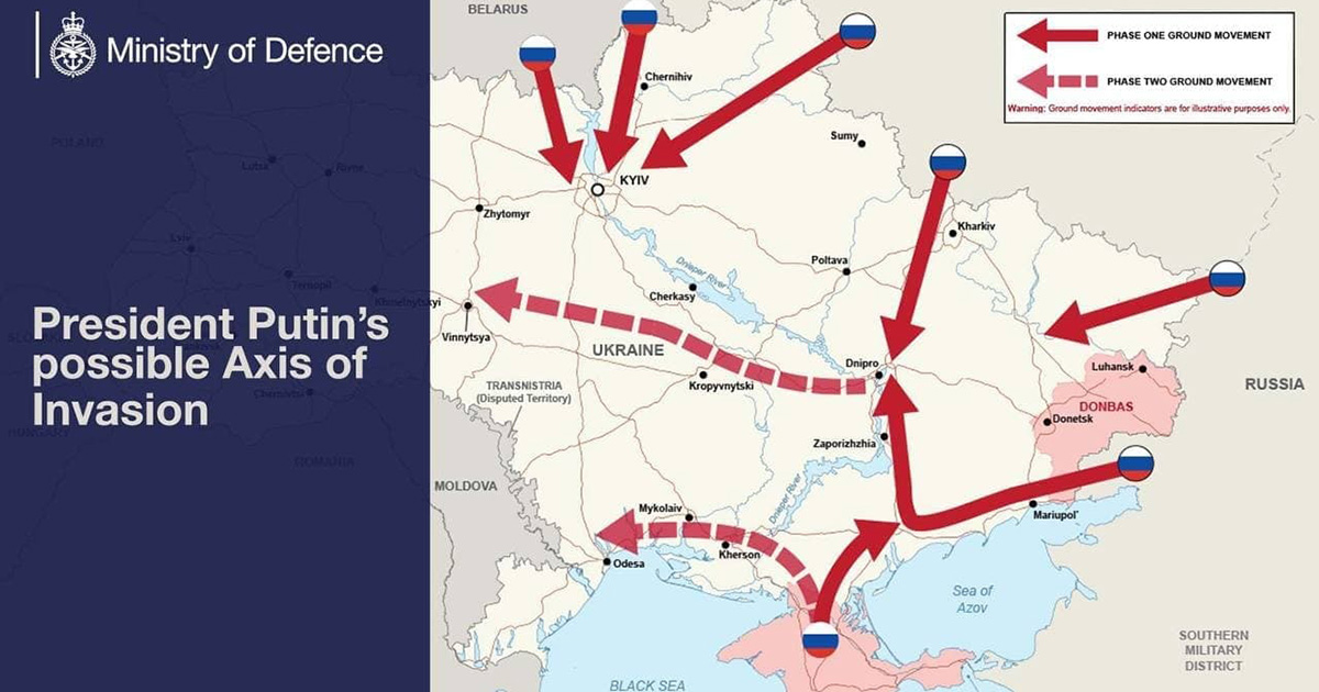 Մեծ Բրիտանիայի պաշտպանության նախարարությունը հրապարակել է Ուկրաինայի վրա ռուսական հարձակման քարտեզը